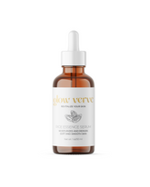 A clear glass dropper bottle of Rice Essence Serum with a white label that reads 'GLOW VERVE'. The label also includes the text 'Rice Essence Serum' and 'Moisturizes & Smooths'.